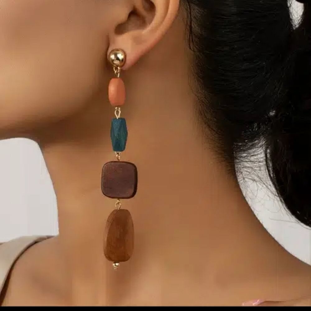 Long wood boho earrings wood bead jewelry drop earrings